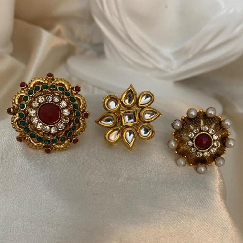 Set of 3 Gold Tone Adjustable Cocktail Rings Faux Pearl Kundan Rhinestone Rings